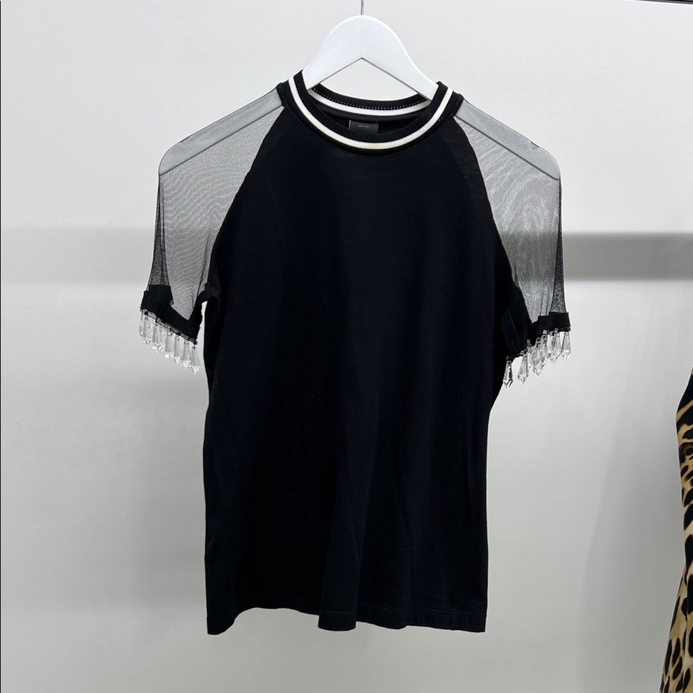 Pinko Black Top with Sheer Chandelier Trim Sleeves